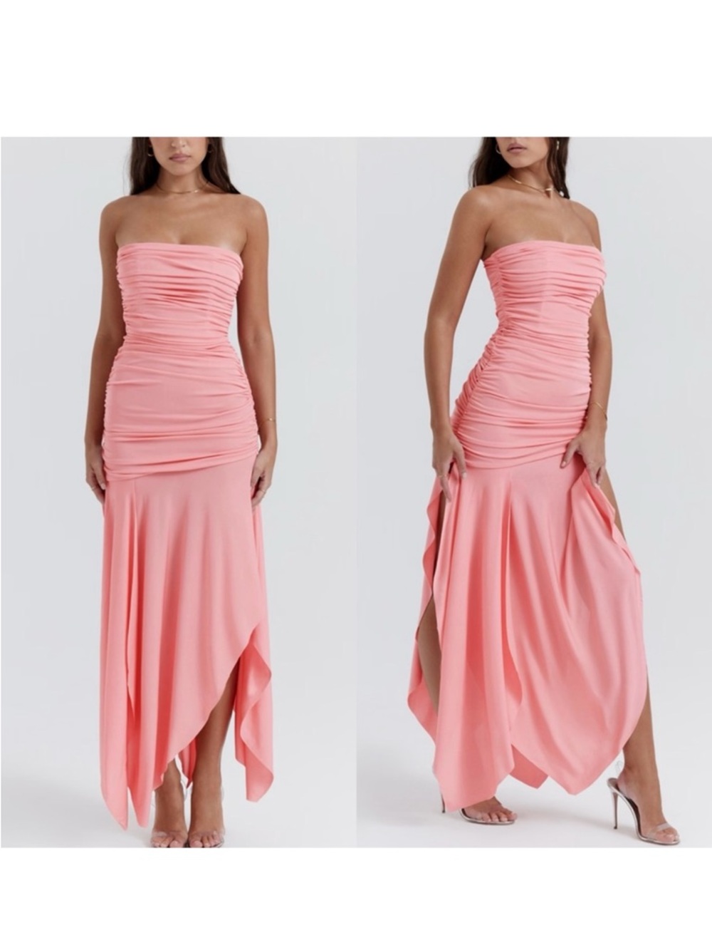 House of CB Strapless Ruched Coral Pink Maxi Dress